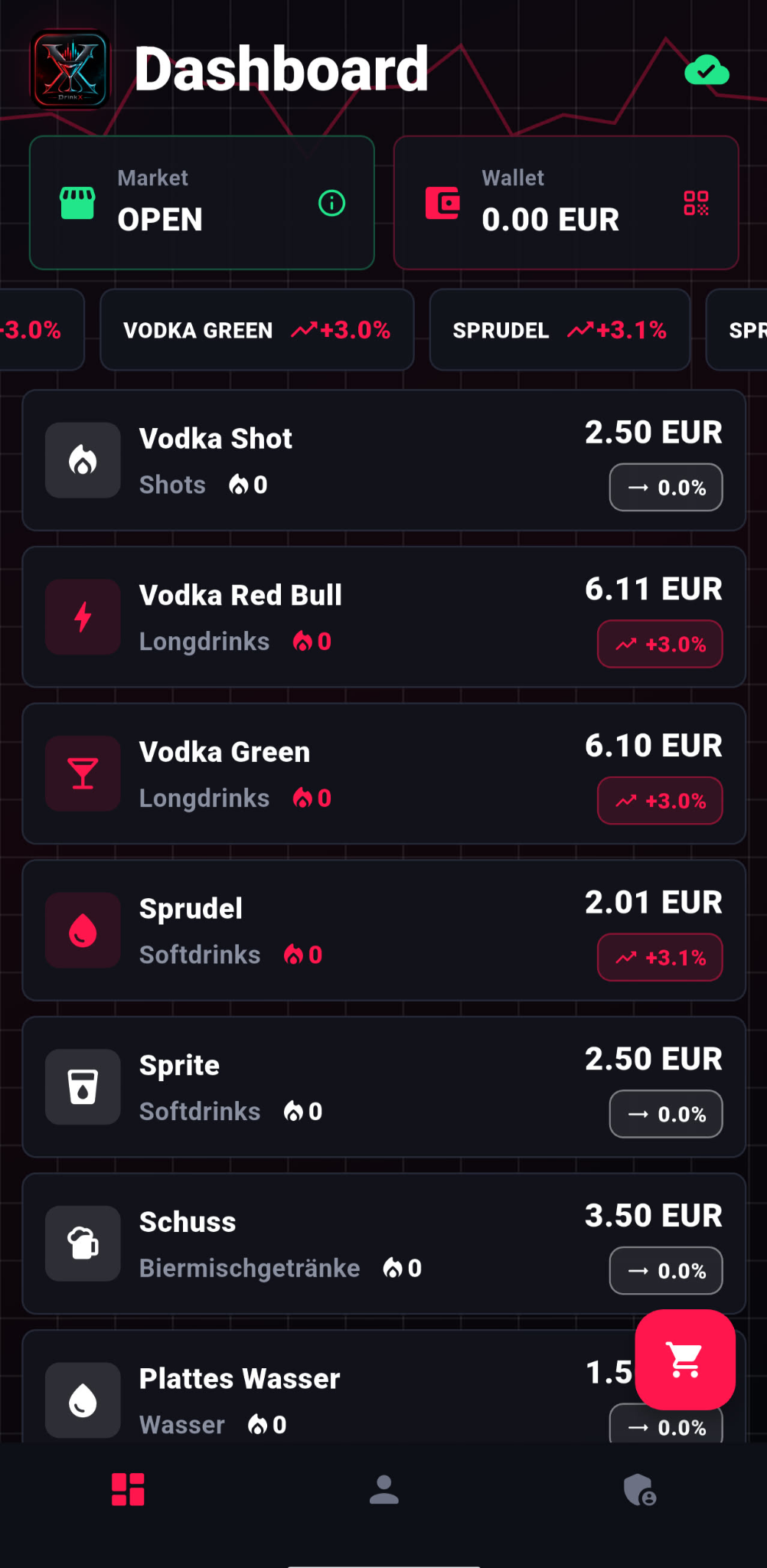 DrinkX App Dashboard mit Live-Preisen